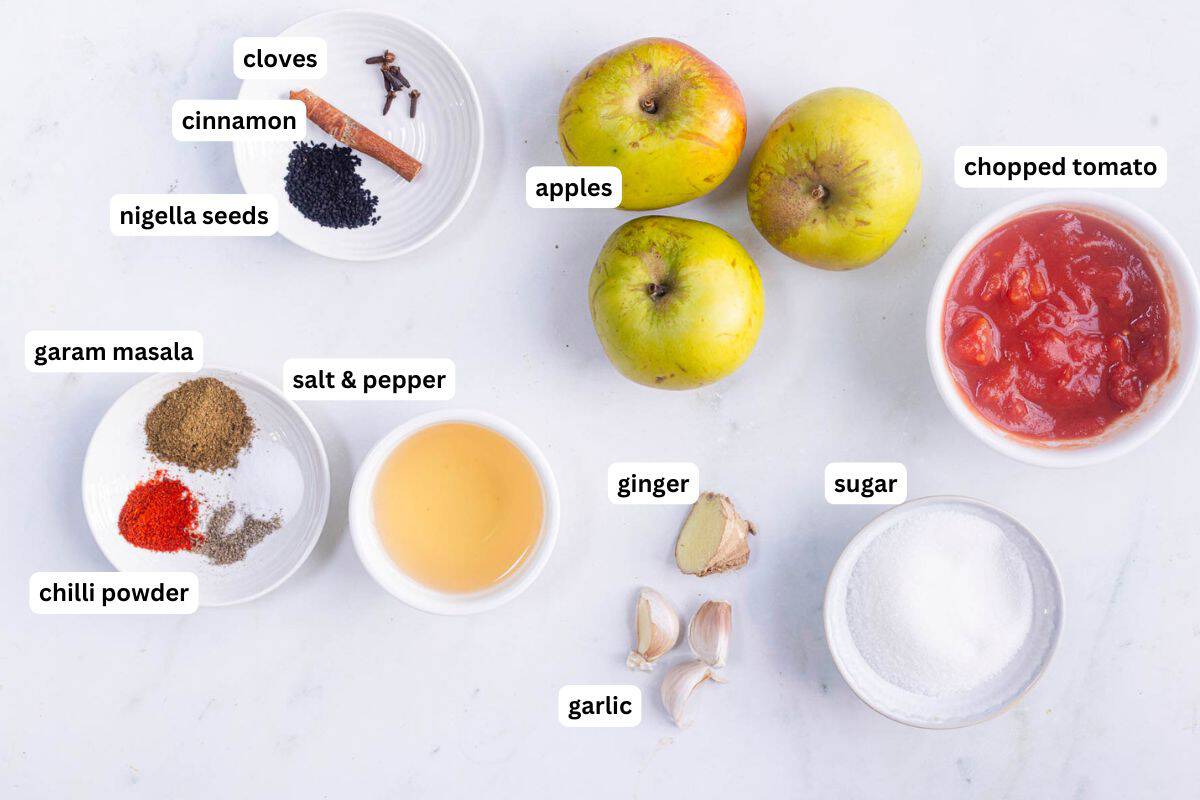 ingredients to make apple tomato chutney.