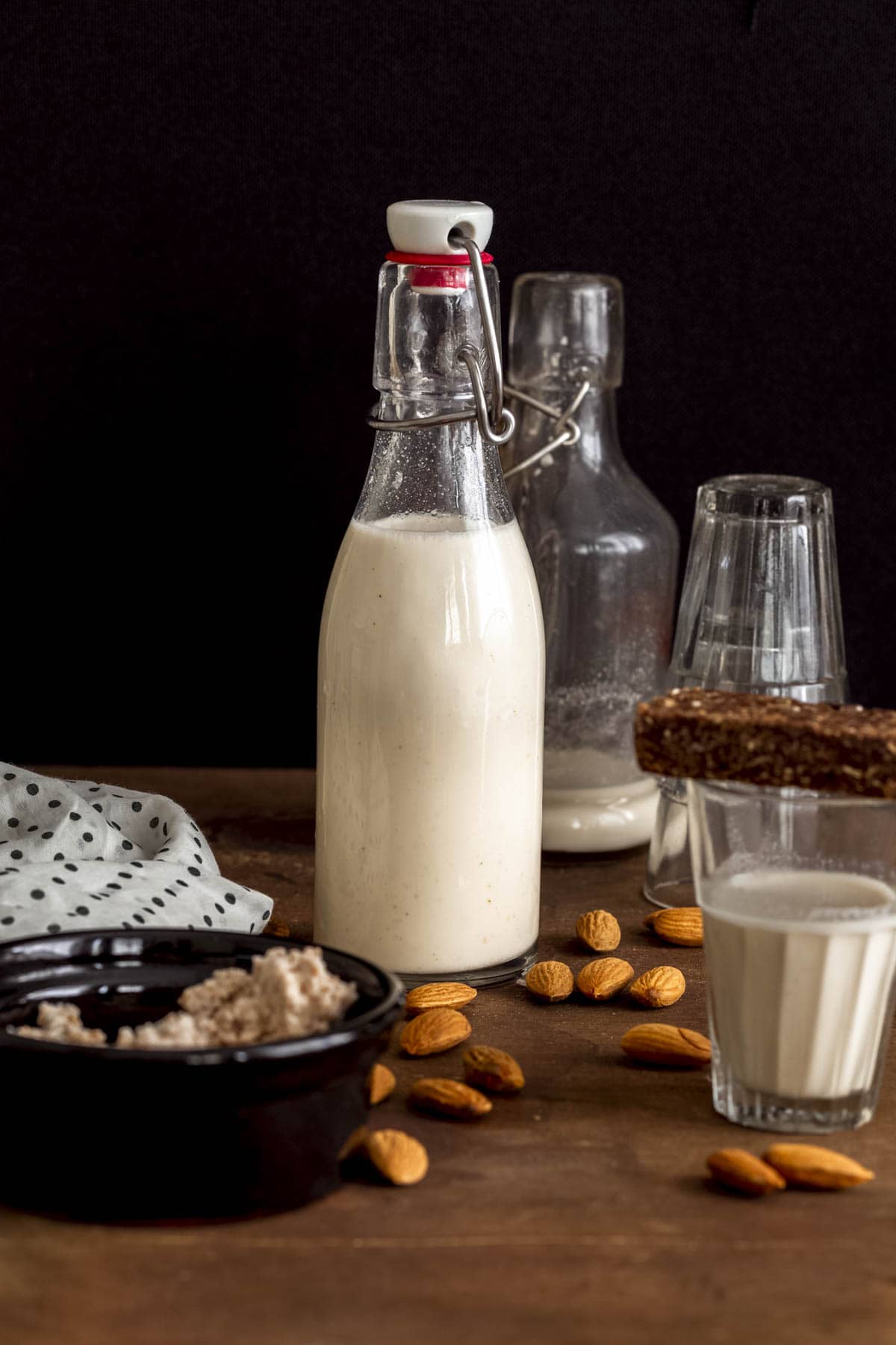 homemade almond milk in a bottle.