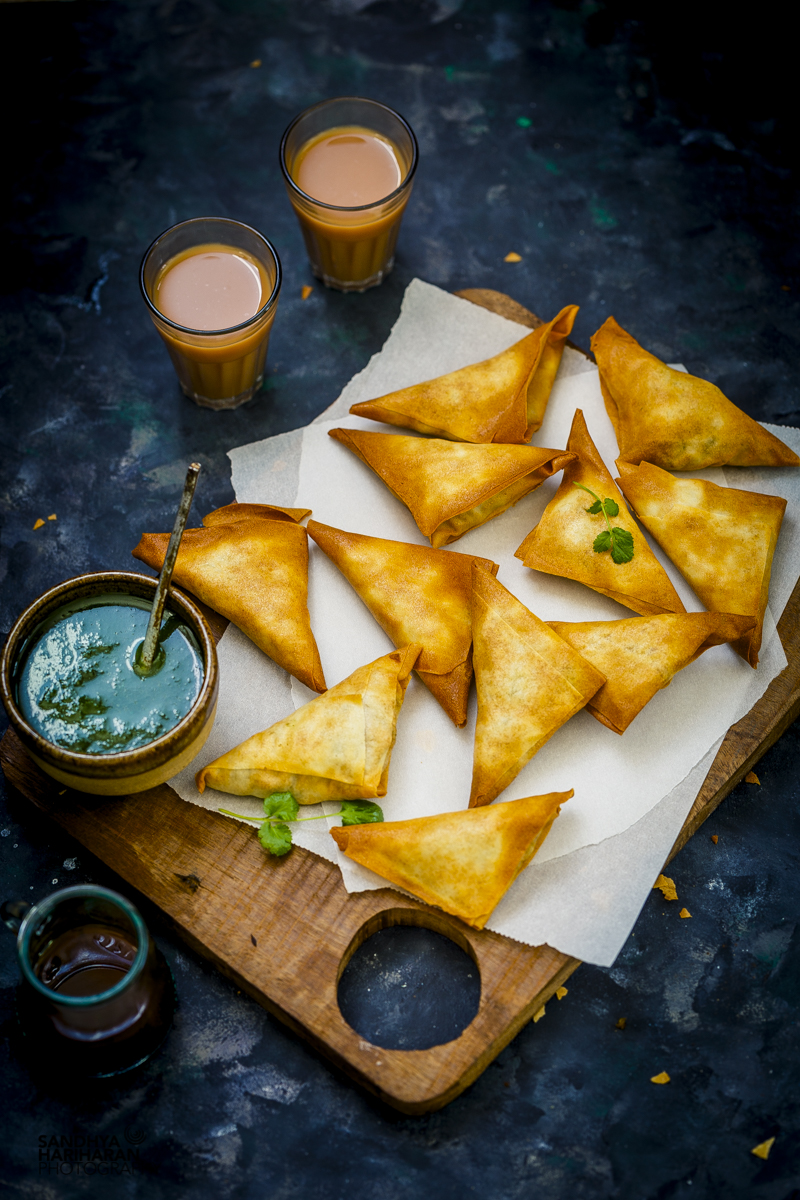Potato and Peas Samosa made in the air fryer, serve with chutney and masala chai