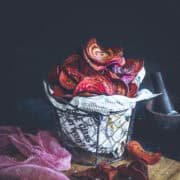 crispy beet chips made in air fryer in a wire serving basket.