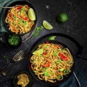 two bowls of vegetarian thai peanut noodles made in instant pot.