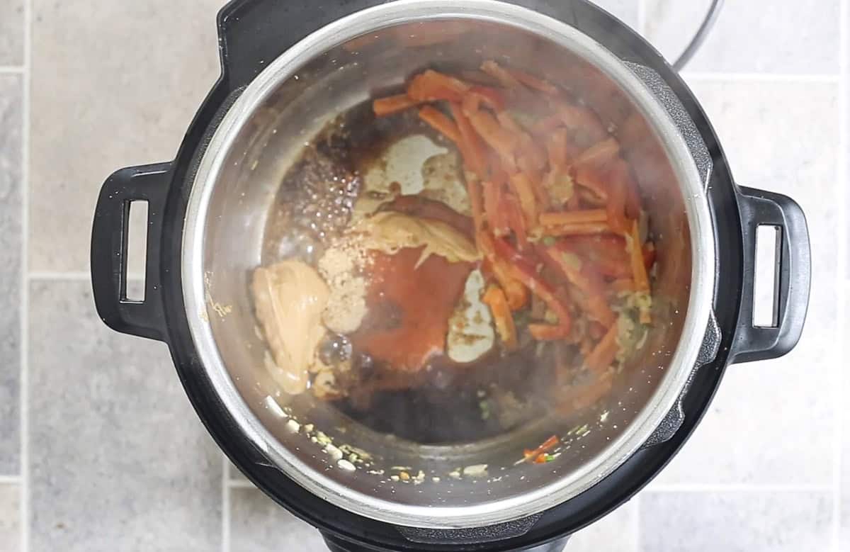 Veggies and peanut sauce in instant Pot.