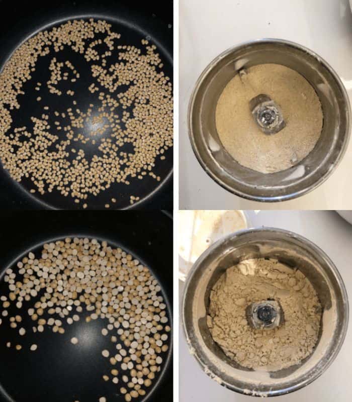 make urad dal and gram dal flour at home by roasting and grinding for thattai.