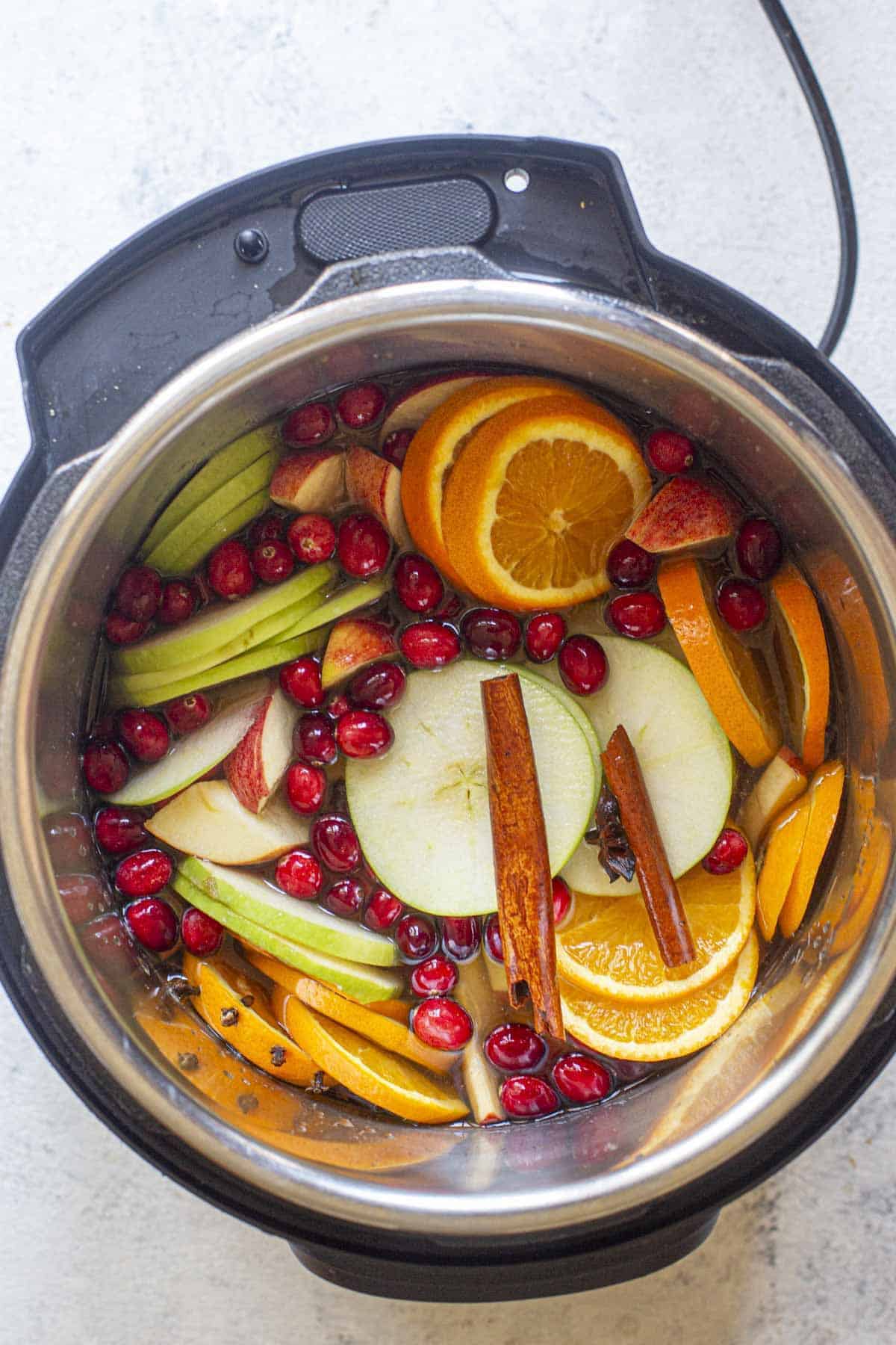 all the ingredients to make apple cider are in the inner pot of instant pot.