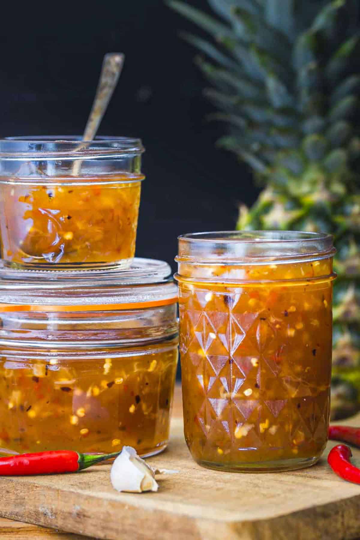 3 containers of homemade pineapple sweet chilli sauce.