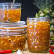 3 containers of homemade pineapple sweet chilli sauce.