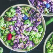 monster popcorn for halloween in bowls.