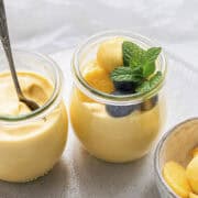 Eggless Mango Mousse on a white background.
