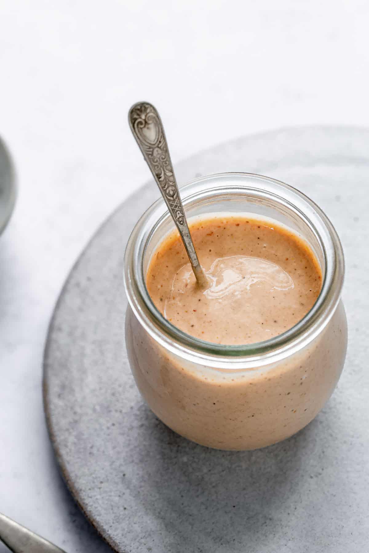 vegan burger sauce in a mason jar.