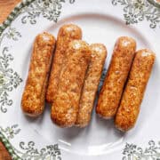 Perfectly cooked veggie air fryer sausages — golden, juicy and ready for breakfast.