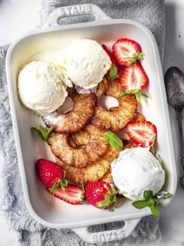 grilled warm air fryer pineapples with vanilla ice cream and strawberries