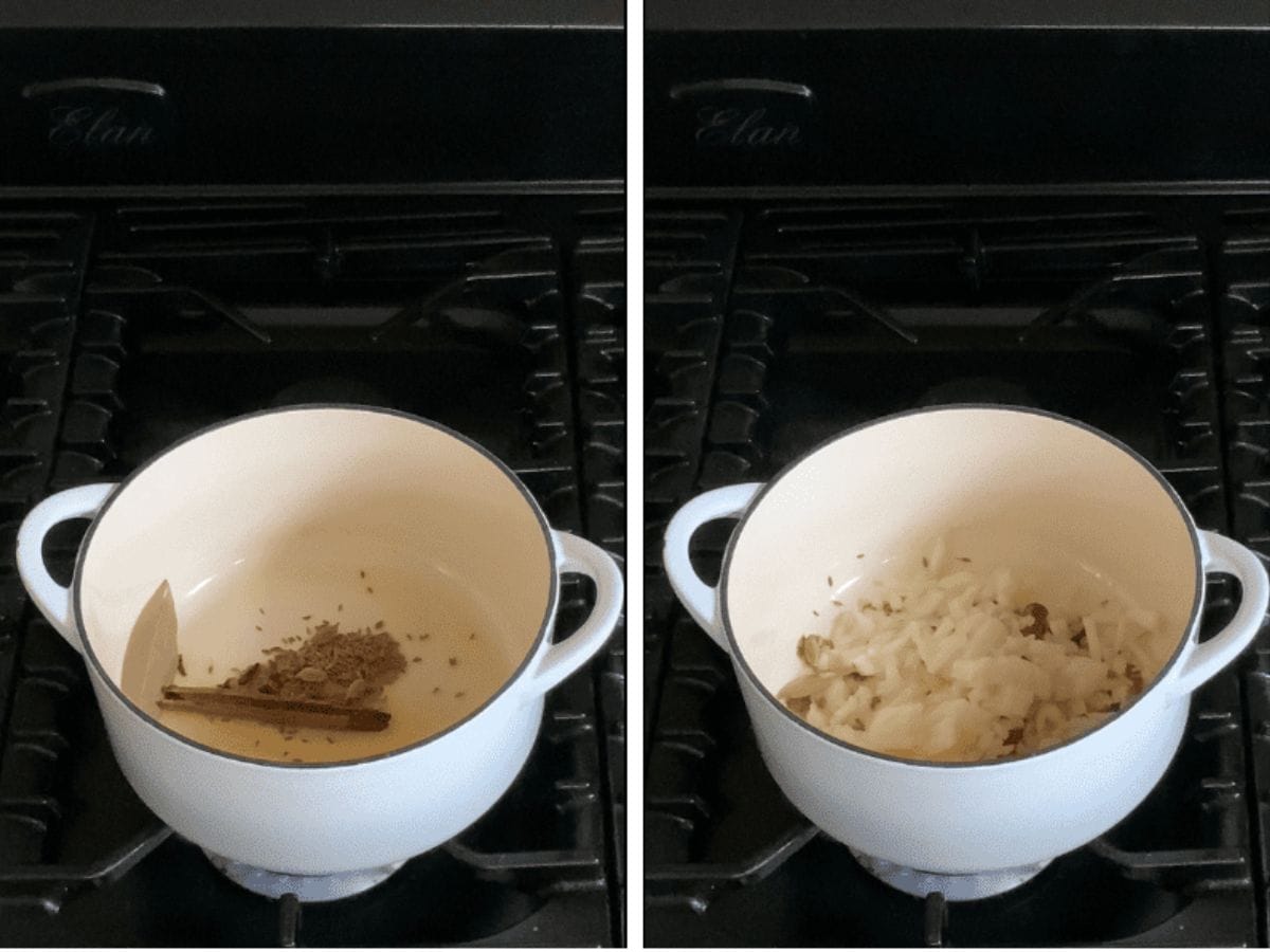 sauteing spices and onion for mushroom rice.