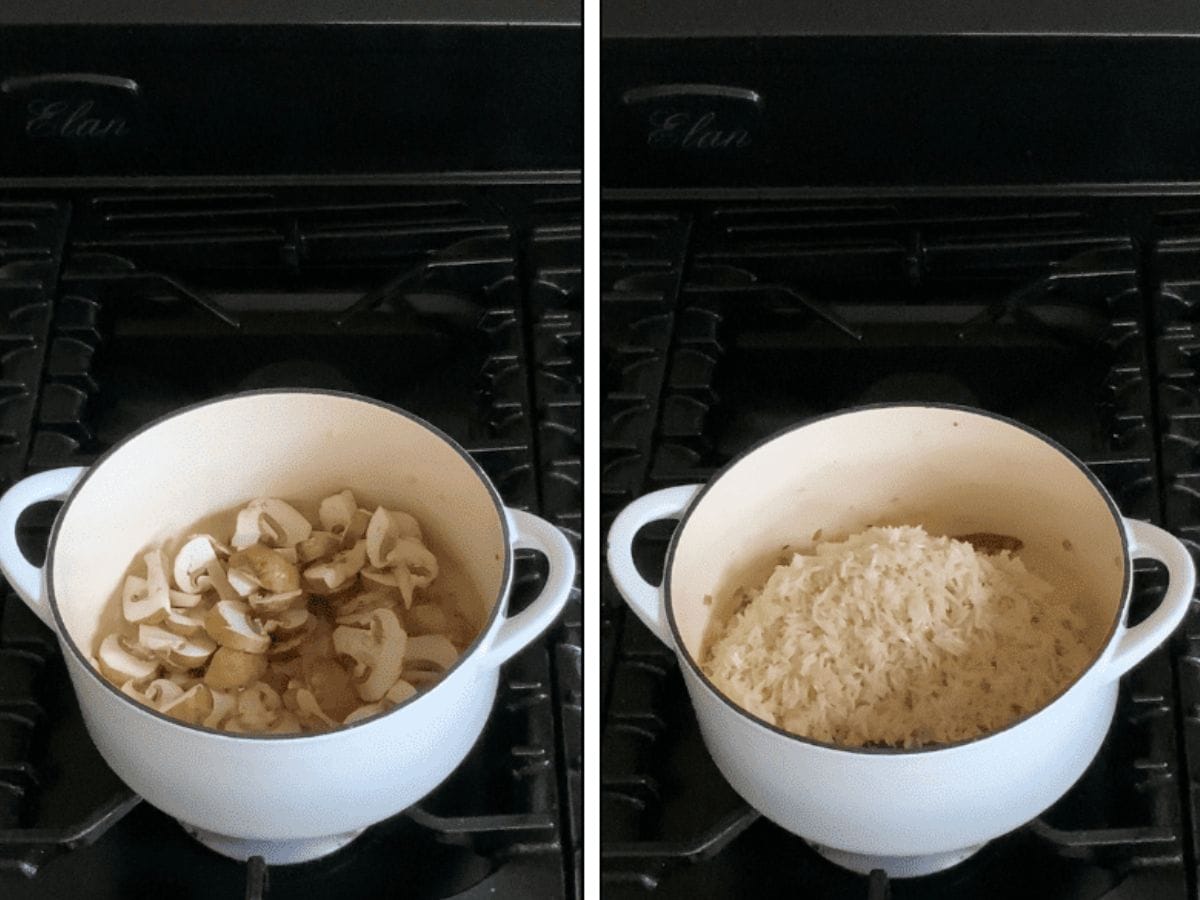 adding mushrooms and rice for the seasoned rice.