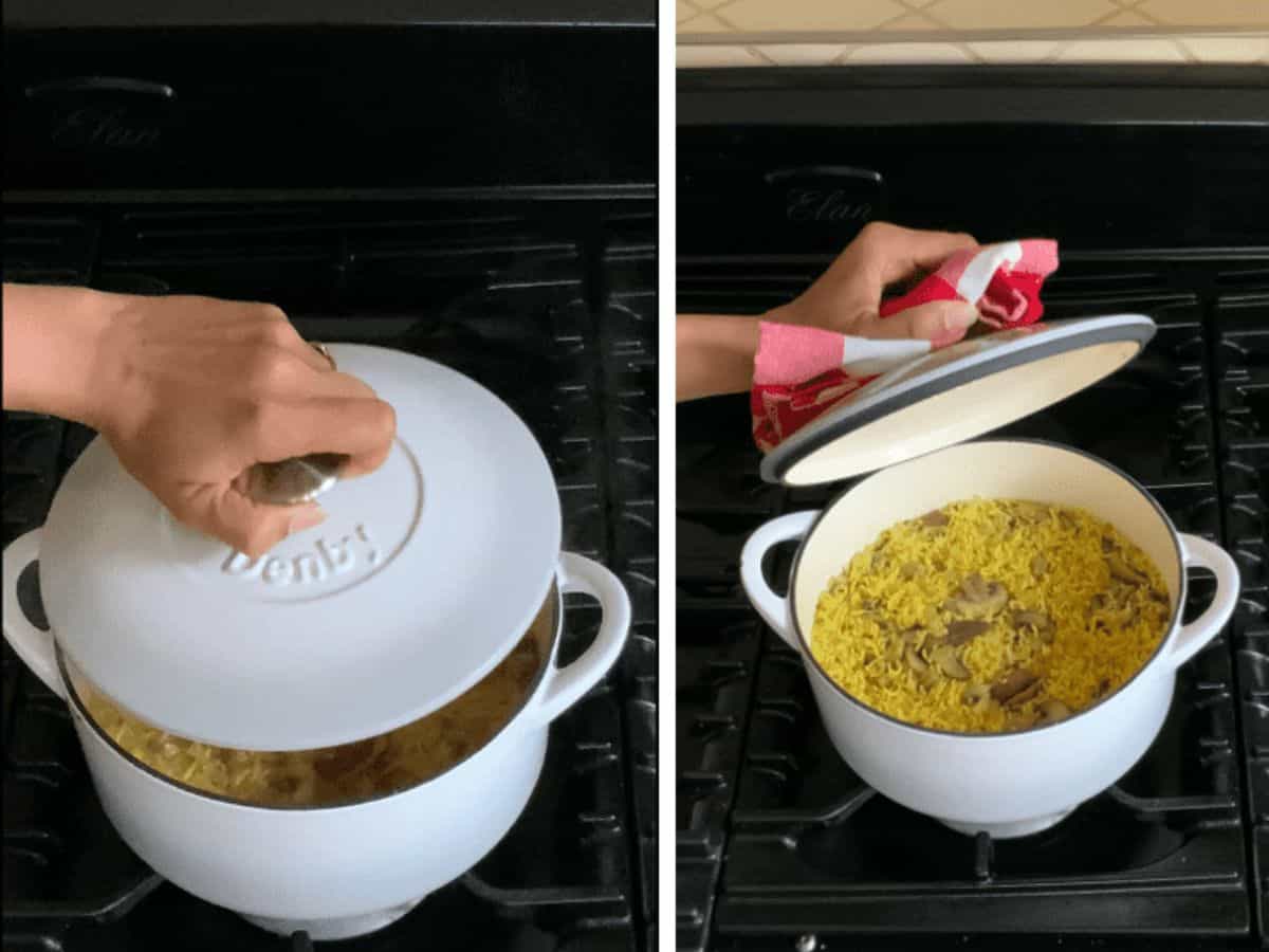 cover with lid and cook the rice.