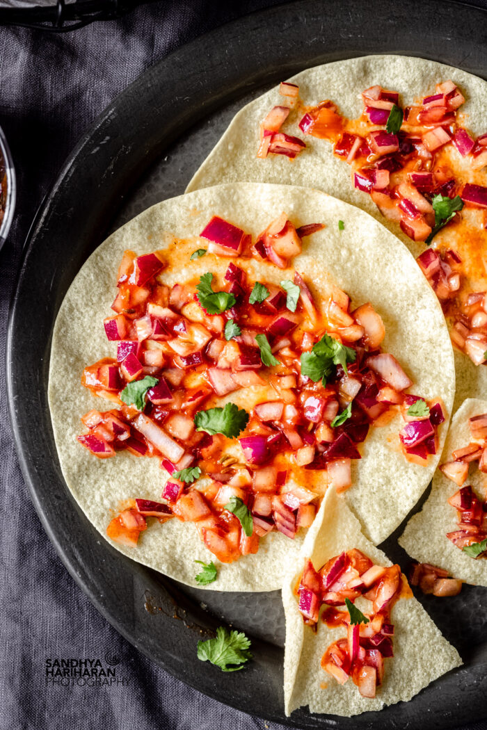 red onion chutney on the papad
