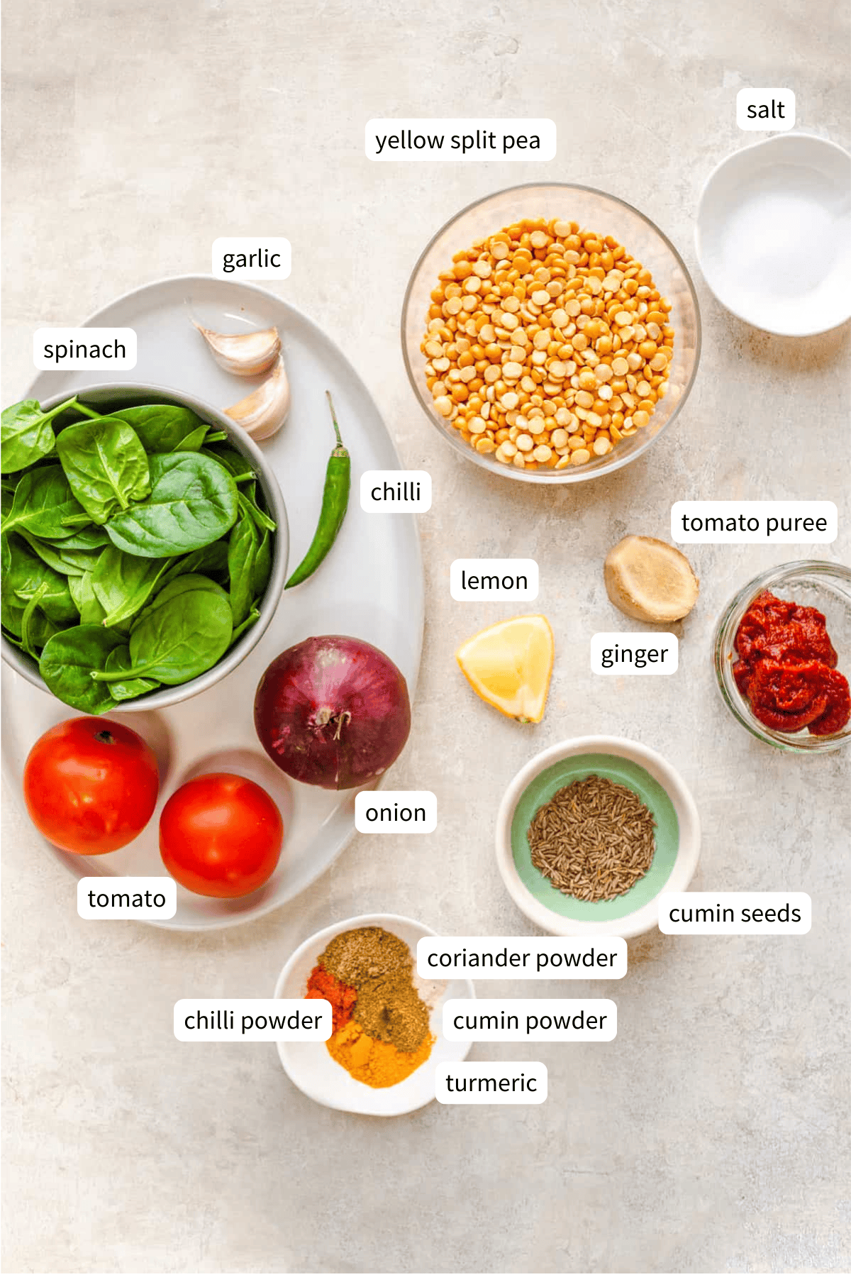 ingredients to make split pea dal.