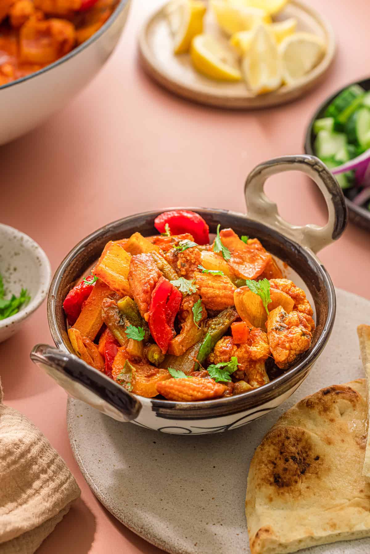 Vegetable Jalfrezi served in a kadai close up