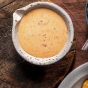 homemade sweet chilli mayo in a white bowl.