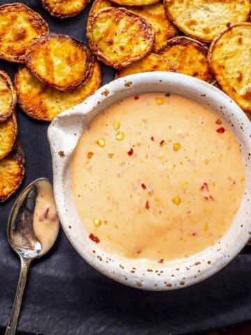 homemade sweet chilli mayo served with air fryer sliced potatoes.