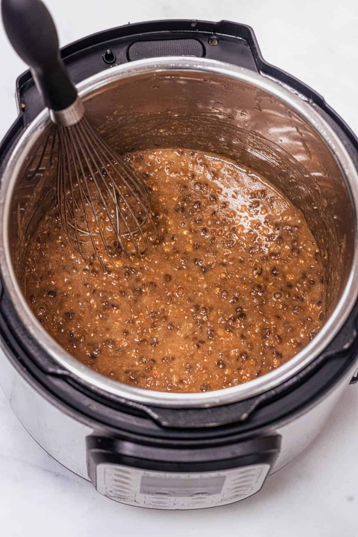 whisked brown lentils in the instant pot.