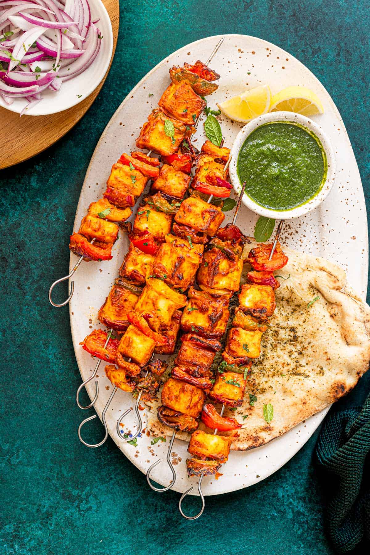 Best air fryer paneer tikka kebabs served with garlic naan and green chutney