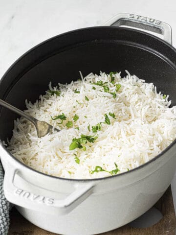 fluffy white basmati rice cooked in a pot