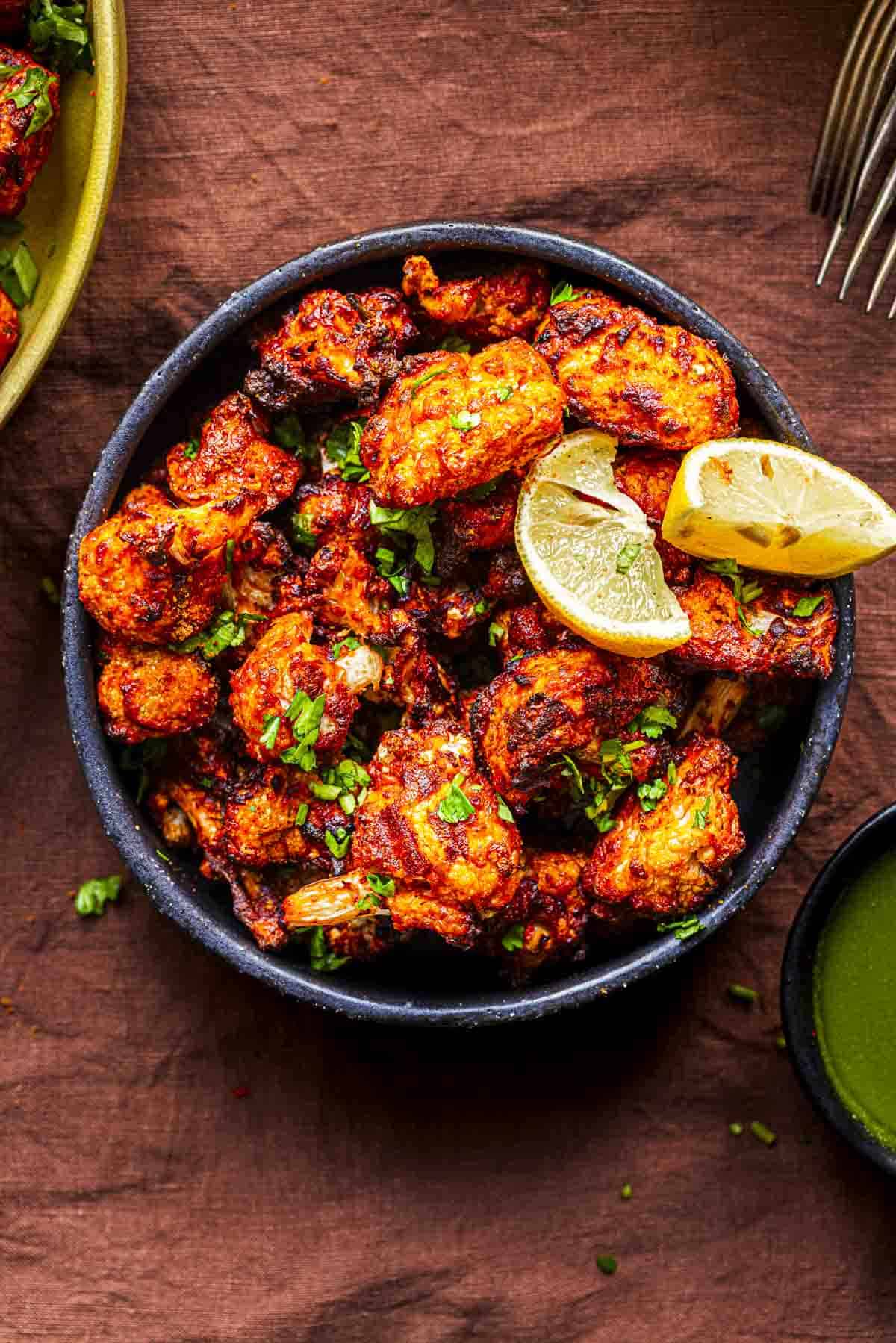 air fryer tandoori gobi tikka served in a bowl