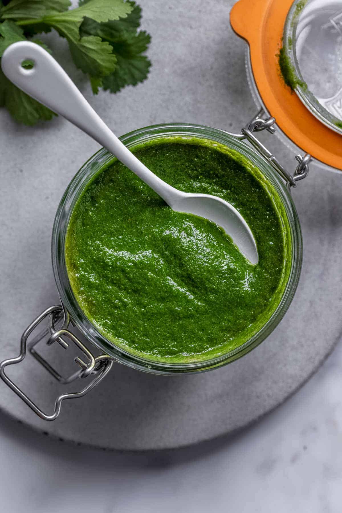 Cilantro chutney with a white spoon, accompanied by a bunch of fresh coriander leaves in the background.