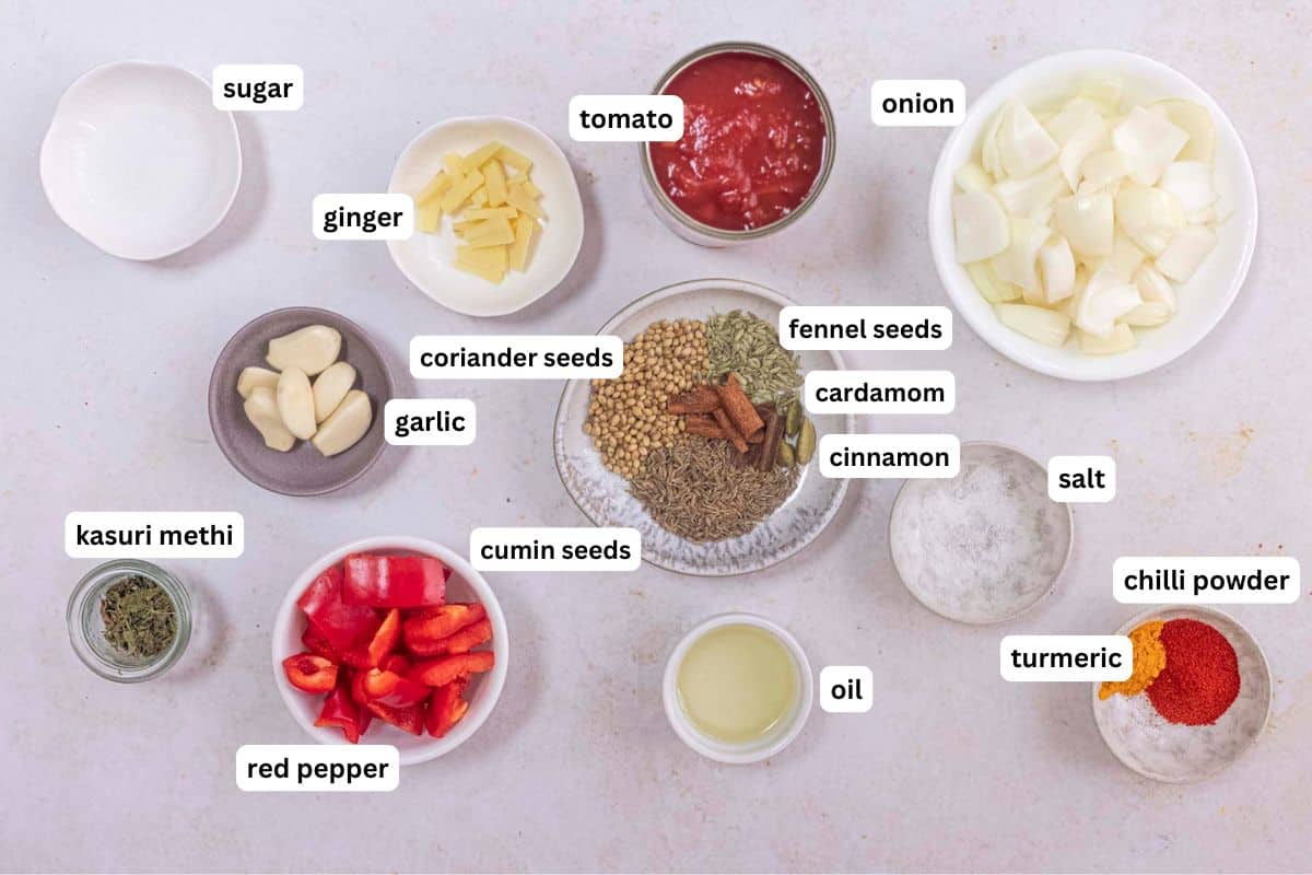 ingredients to make homemade balti cooking sauce.