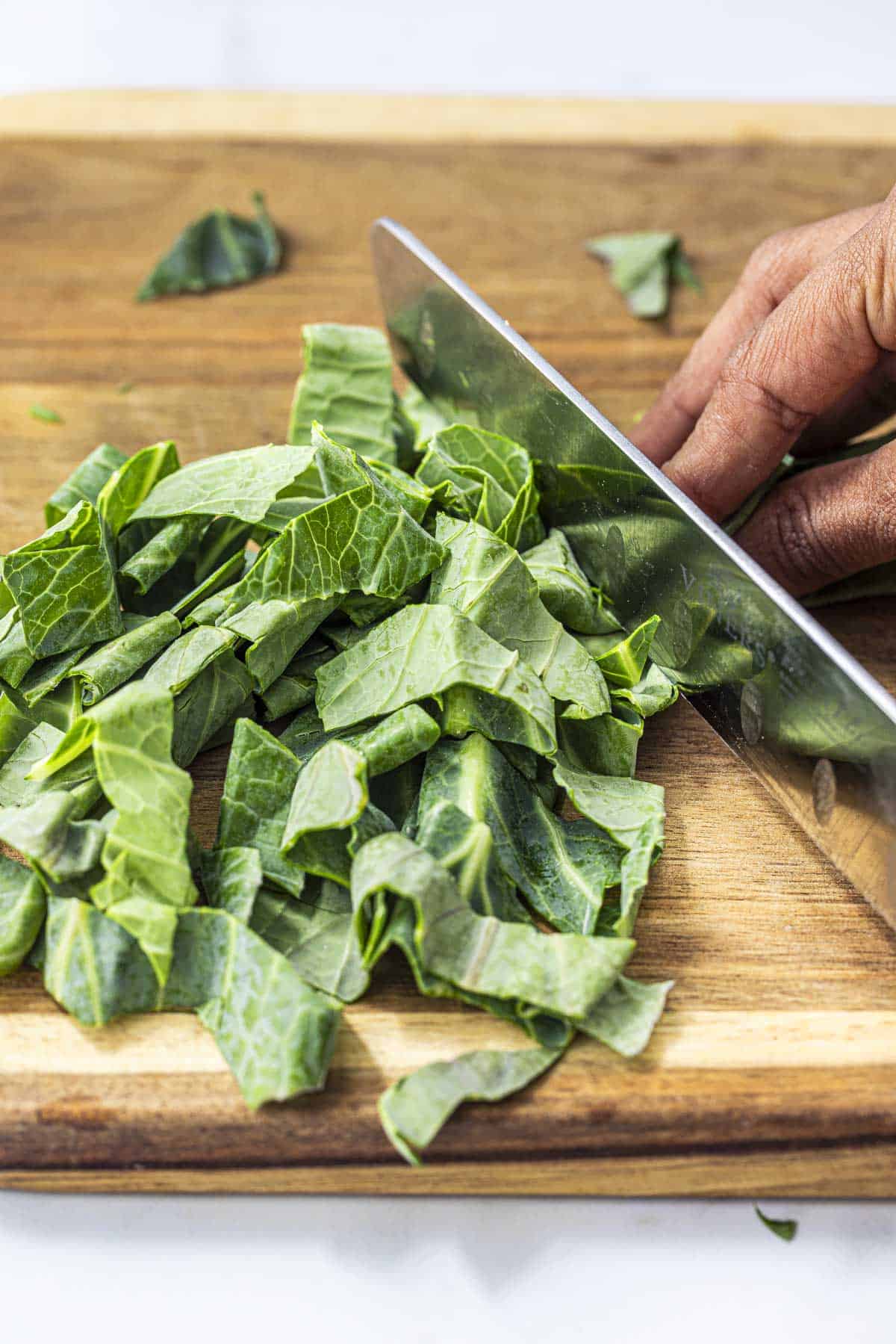 chopping the spring greens.