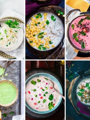 A collection of 6 Indian Yogurt Sauce Recipes - Raita and South Indian Pachadis.