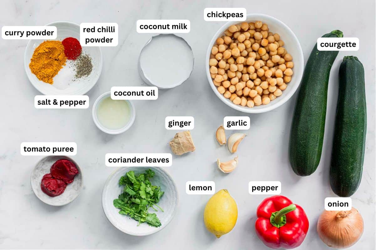 Ingredients to make courgette curry.