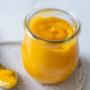 homemade mango puree in a jar.