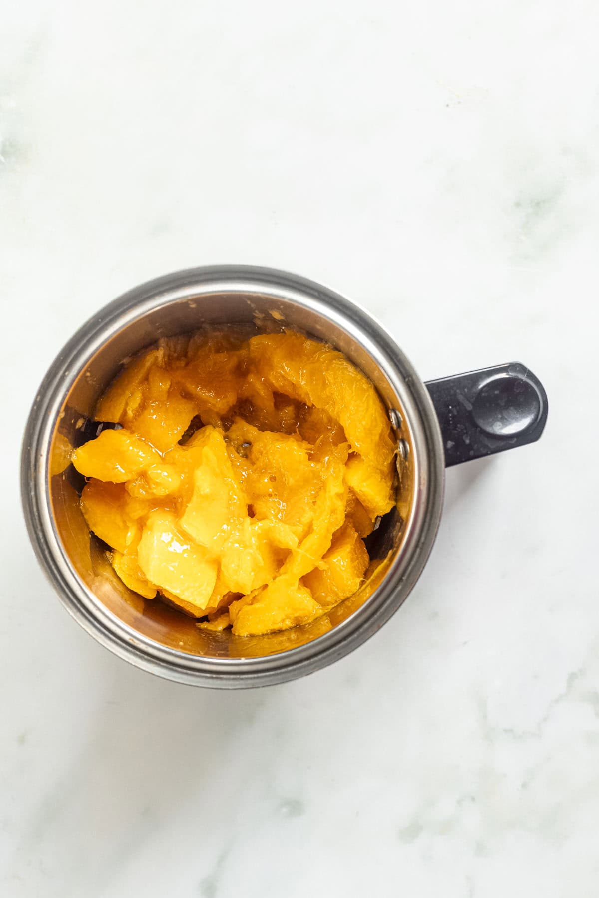 mango flesh and juice in a blender jar.