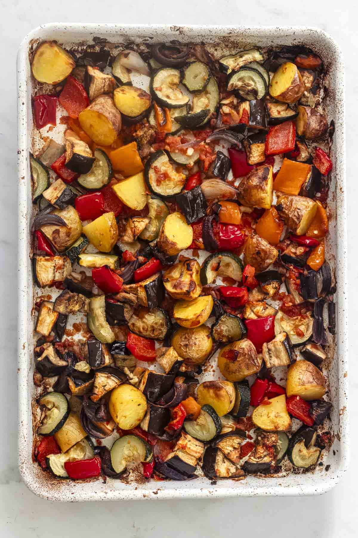 roasted summer vegetables in a tray bake.