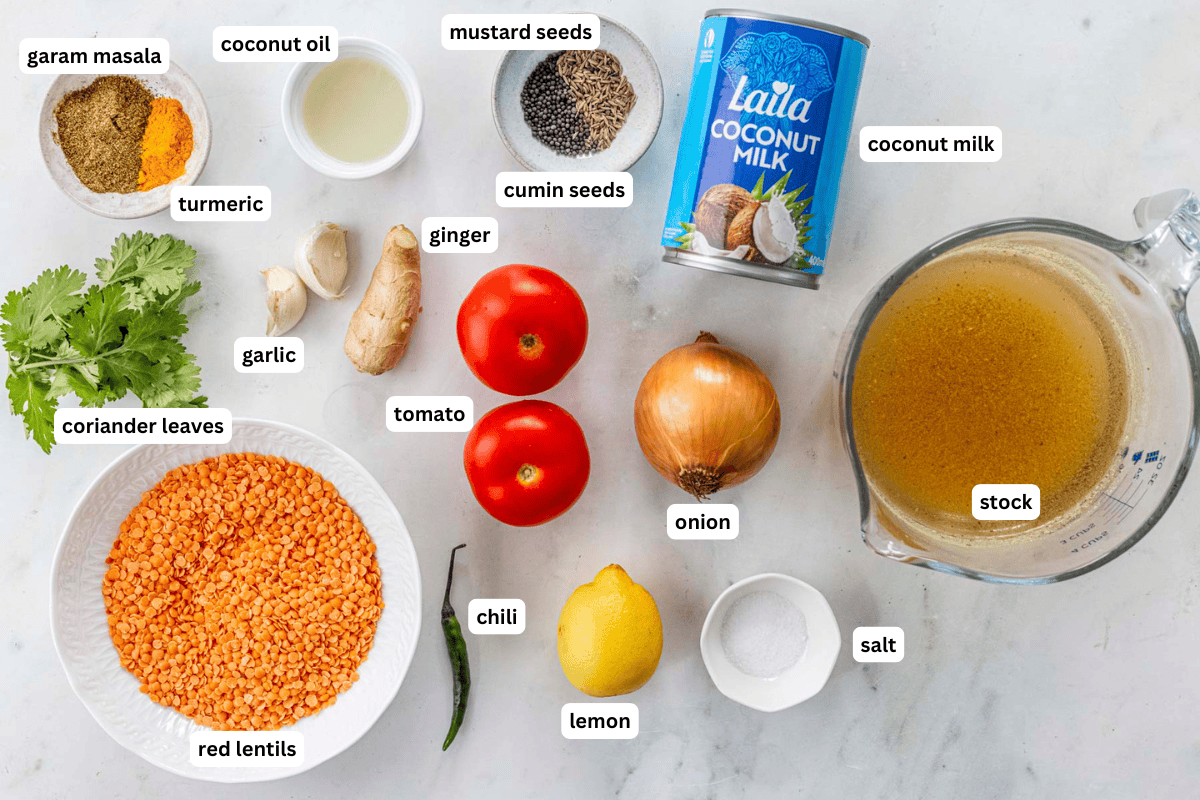 ingredients to make lentil dhal.