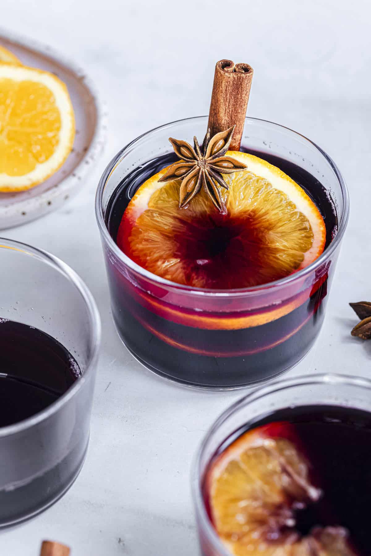 three glasses of mulled red wine.