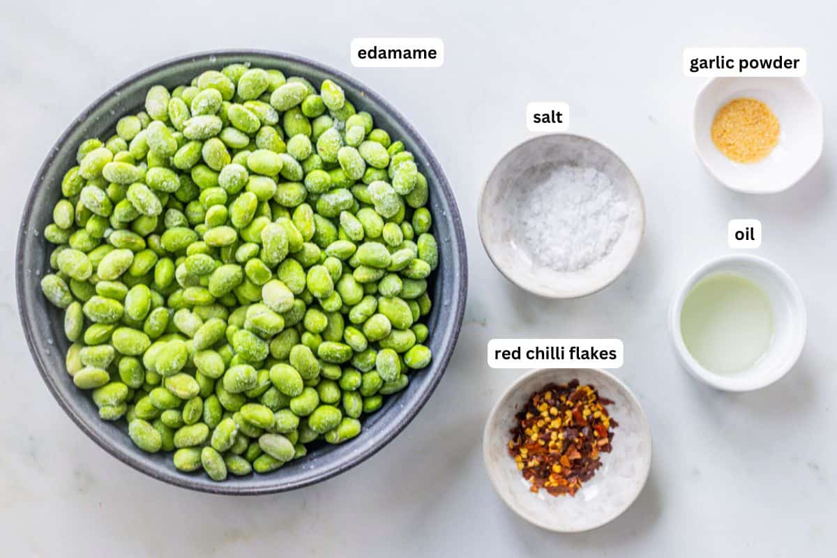 ingredients to make salt and chilli edamame beans.