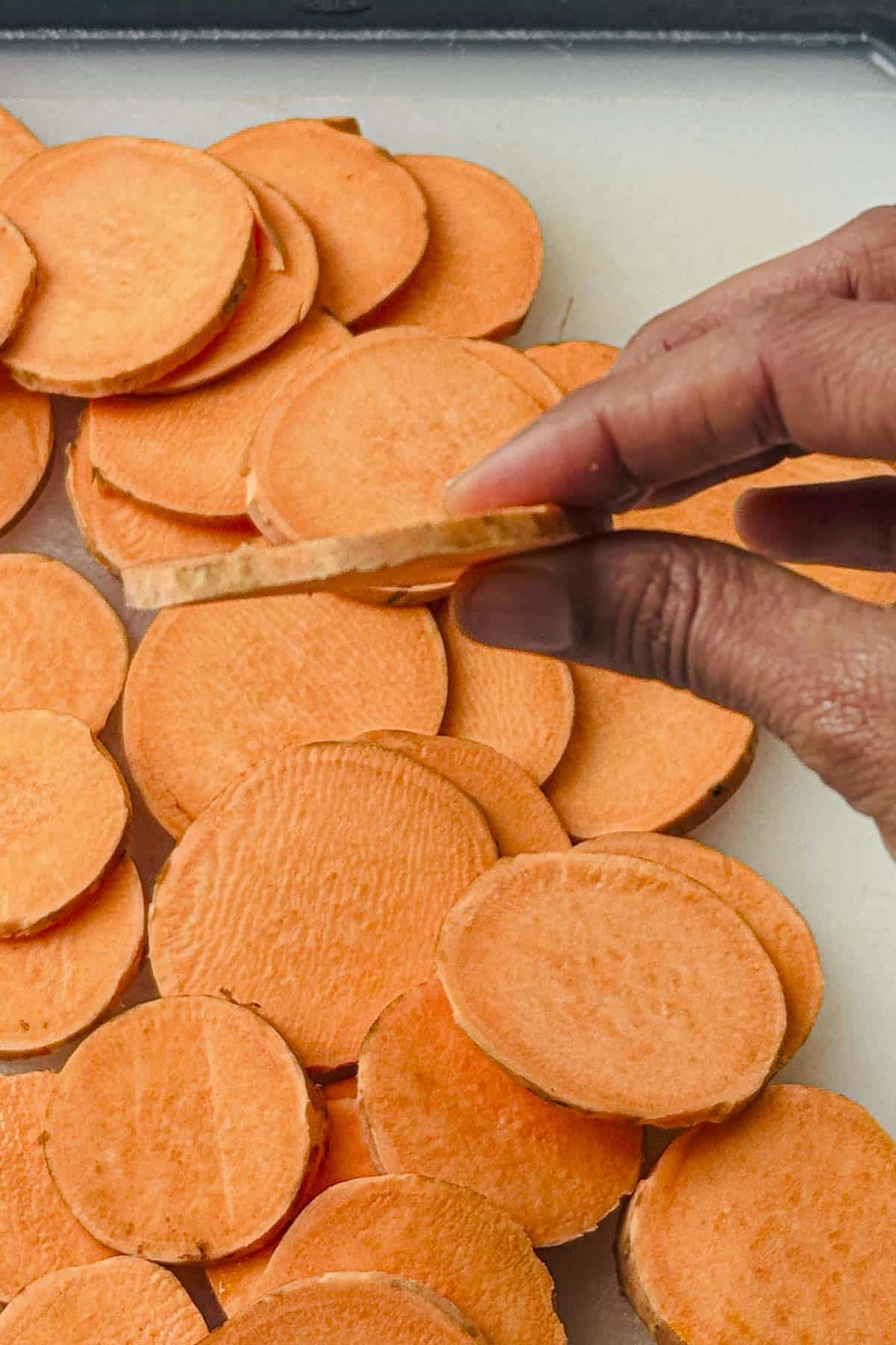 sweet potato rounds sliced at 1/18 inch thickness