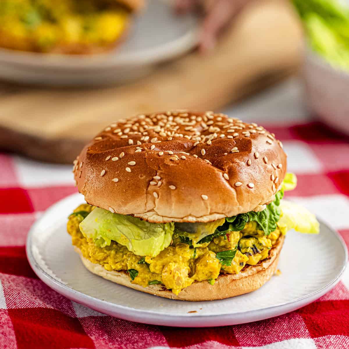 coronation chickpea filling in between burger buns.