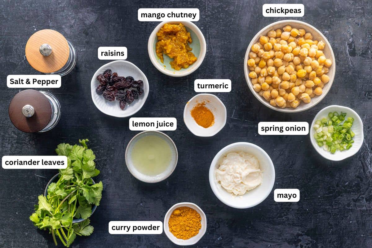 ingredients to make vegan coronation chickpeas.