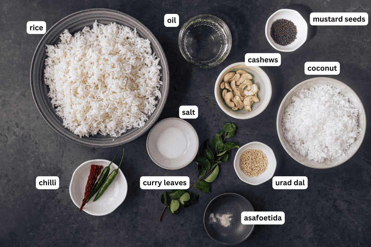 thengai sadam the South Indian coconut rice ingredients.
