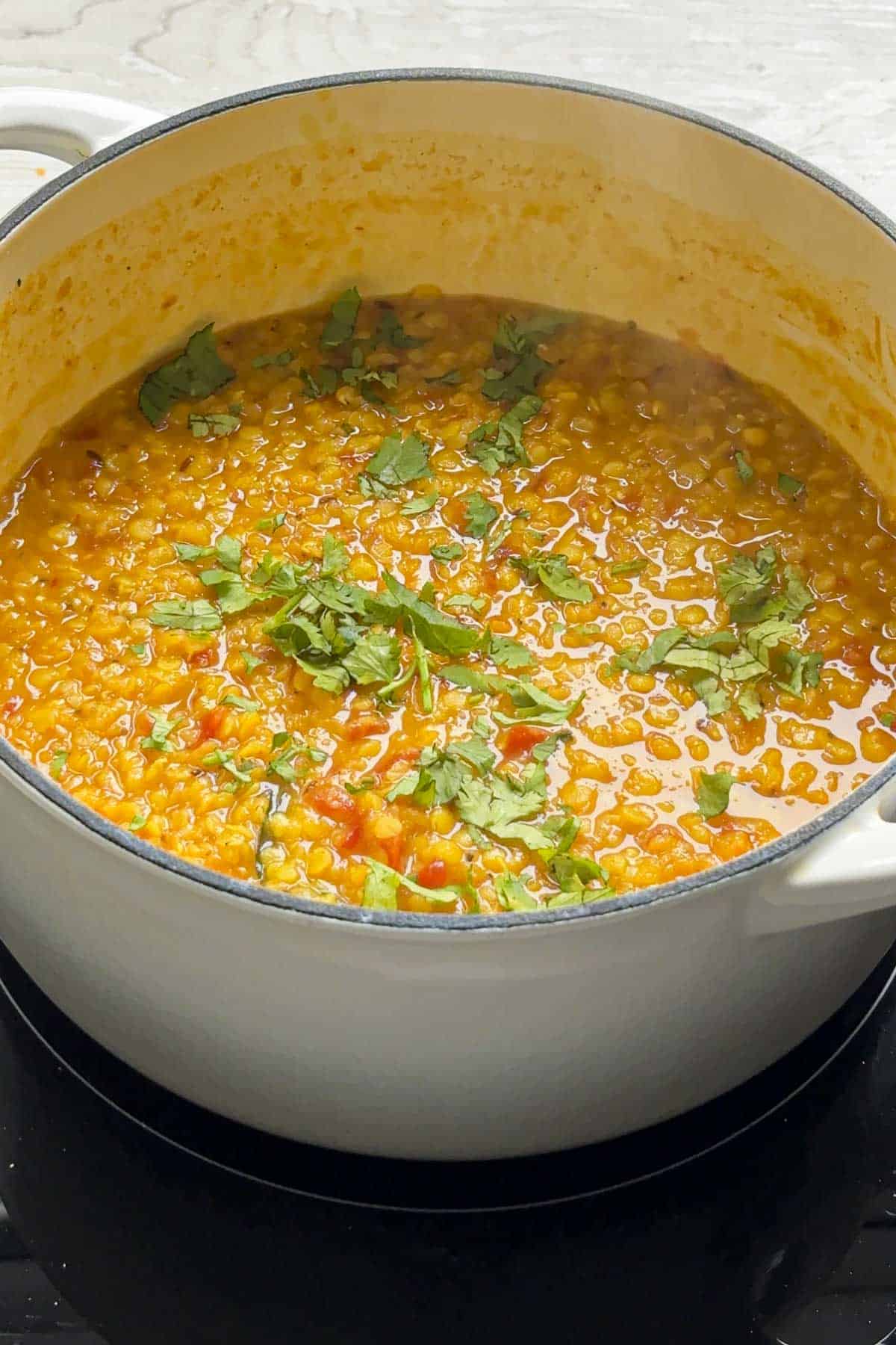 easy Indian red lentil dal in a white pot.