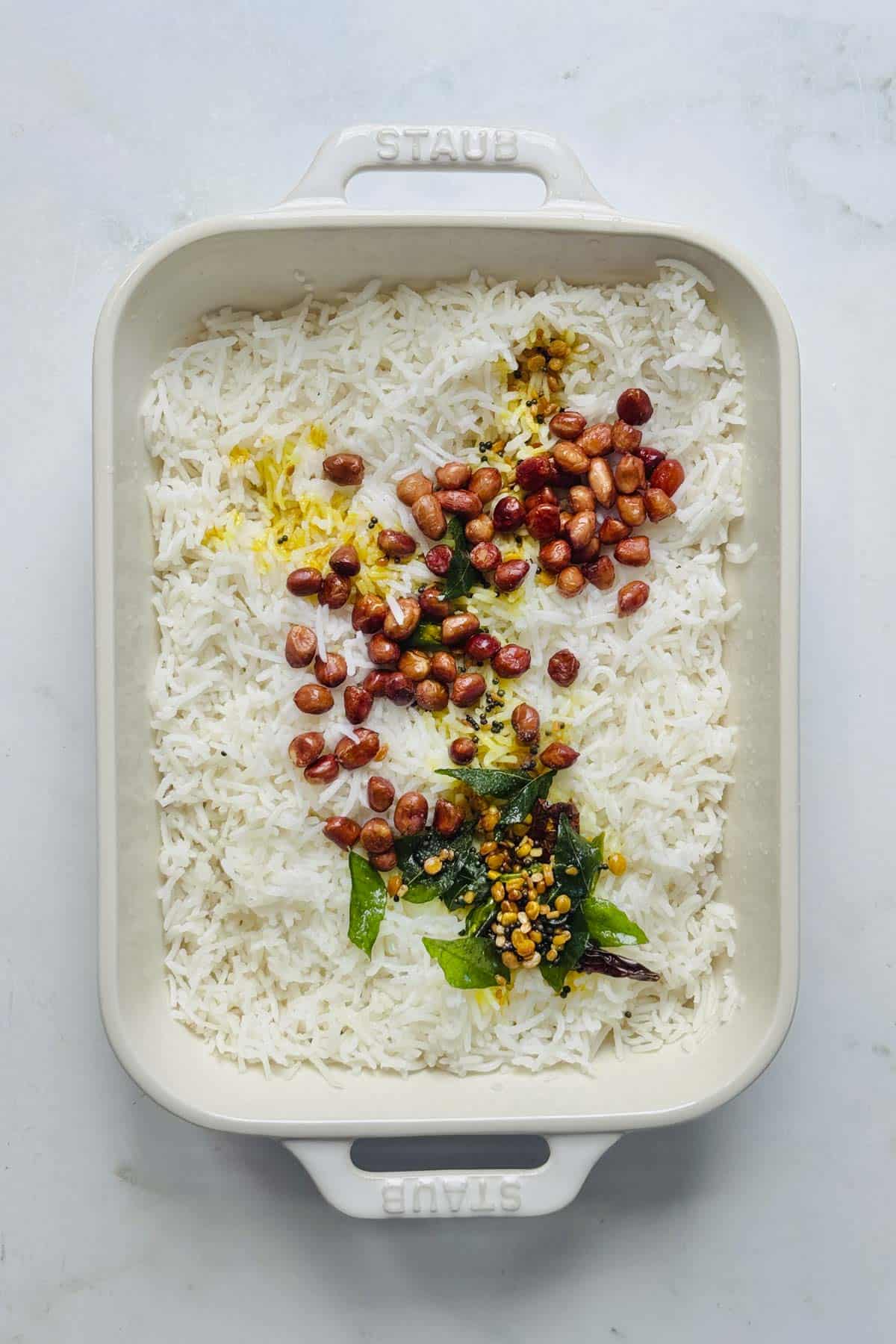 lemon rice seasoning over white basmati rice.